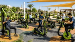 Men and young users using modern outdoor fitness equipment in a Saudi public park with shade, rubber flooring.