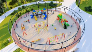 outdoor playground equipment Saudi Arabia park design swings slides sand play area kids playset Ebaza Gardens