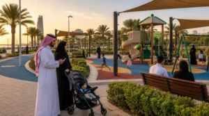 Saudi parents checking a family park in Jeddah with shaded playground equipment, children playing, seating areas, and a nearby walking path at sunset.