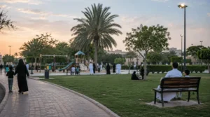 Fayhaa Park in Jeddah with Saudi families walking, children playing near a small playground, green lawn, palm trees, and evening park lighting.
