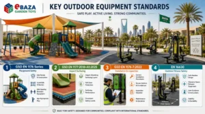 Infographic of outdoor playground and gym equipment standards in Saudi Arabia showing GSO EN 1176, GSO EN 1177, GSO EN 1176-7, EN 16630, playgrounds, safety flooring, installation checks, and fitness machines.