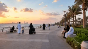 Middle Corniche Park in Jeddah with Saudi families walking and sitting beside the sea at sunset, palm trees, waterfront path, and calm evening atmosphere.