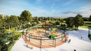 Outdoor playground park in Saudi Arabia with shade canopy, kids slides, swings, sand play area, and landscaped surroundings