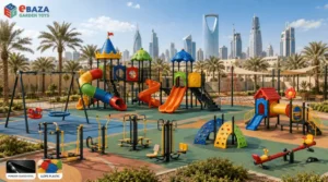 Modern playground park in Saudi Arabia with powder-coated steel or iron structures, LLDPE plastic playsets, swings, slides, climbing frame, outdoor gym, and seesaw.