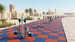 Outdoor gym park in Saudi Arabia with fitness machines, rubber flooring tiles, and open walking track in desert landscape
