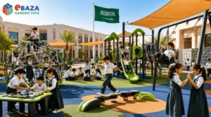 Children playing in a Saudi school outdoor playground with swings, slides, climbing equipment, balance paths, rubber flooring, and shaded play areas supporting child development.