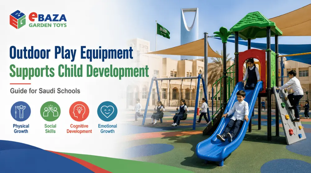Children playing on outdoor playground equipment at a Saudi school with slides, swings, climbing frames, and shaded play areas supporting child development.