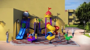 Outdoor children’s playground with slides, tube slide, spring riders, roundabout, play towers, connected platforms, and rubber flooring in a residential area.