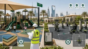 Outdoor playground and gym equipment standards in Saudi Arabia showing playsets, fitness machines, safety flooring, spacing checks, and site inspection.