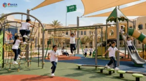 Children playing in a Saudi school playground with climbing nets, swings, slides, balance steps, and rubber flooring supporting healthy physical growth.