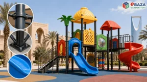 Outdoor playground in Saudi Arabia made with powder-coated steel and iron frames, LLDPE plastic slides, and close-up views of durable equipment materials.