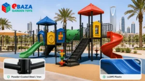 Powder-coated steel and iron playground equipment with LLDPE plastic slides and panels for outdoor playsets in Saudi Arabia.
