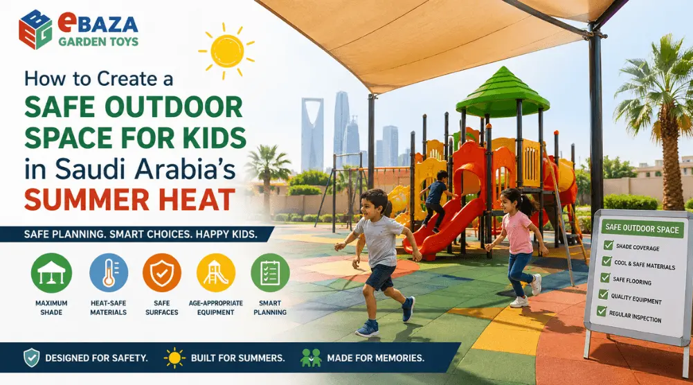 Safe outdoor space for kids in Saudi Arabia’s summer heat with shaded playground equipment, safety flooring, and children playing outdoors.