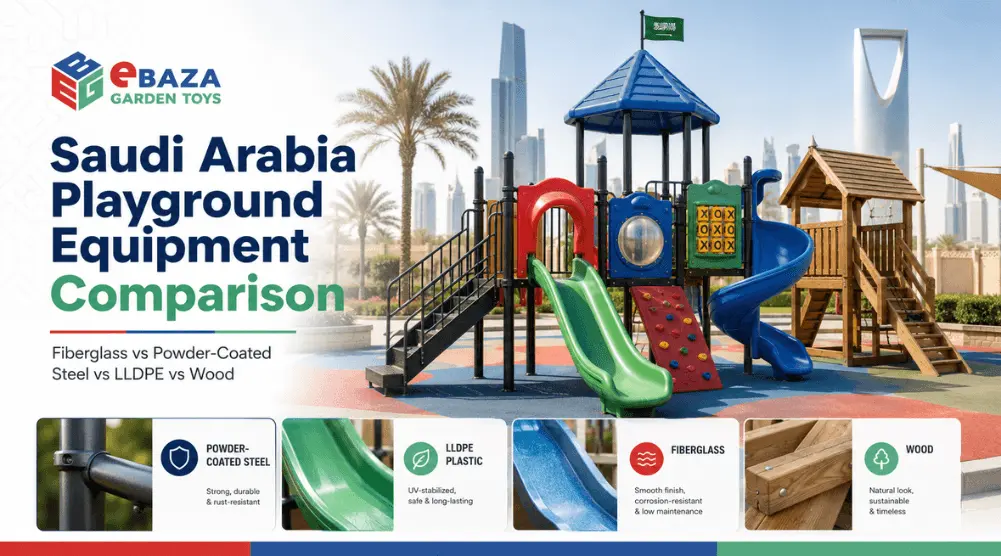 Saudi Arabia playground equipment comparison showing fiberglass, powder-coated steel, LLDPE plastic, and wood materials for outdoor playsets.