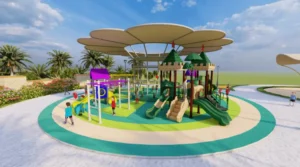 Shaded outdoor playground for kids in Saudi Arabia with slides, swings, climbing playset, safety flooring, and large canopy cover.