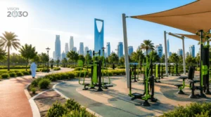 Modern outdoor fitness equipment in a Saudi public park with shade, walking paths, city skyline, and Vision 2030 logo.