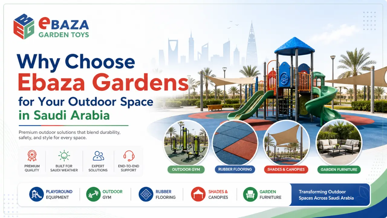 Ebaza Gardens outdoor space solutions in Saudi Arabia with playground equipment, rubber flooring, shades, outdoor gym, and garden furniture