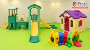 Indoor playground solutions in Saudi Arabia with slides, playhouse and colorful crawl tunnel by Ebaza Gardens.
