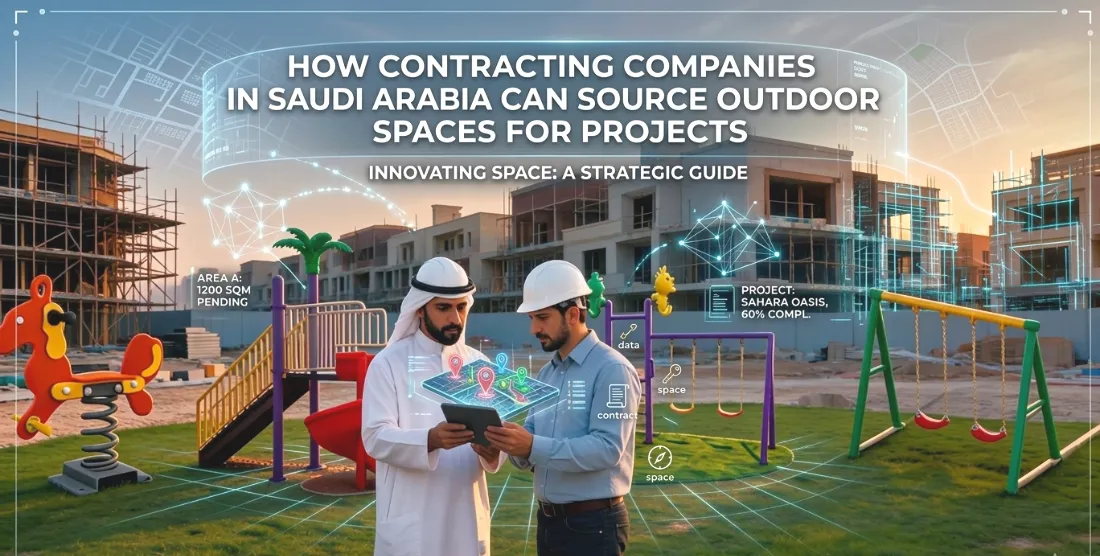 Contracting companies in Saudi Arabia sourcing outdoor spaces for projects with playground equipment, swings, slides, and site planning visuals.