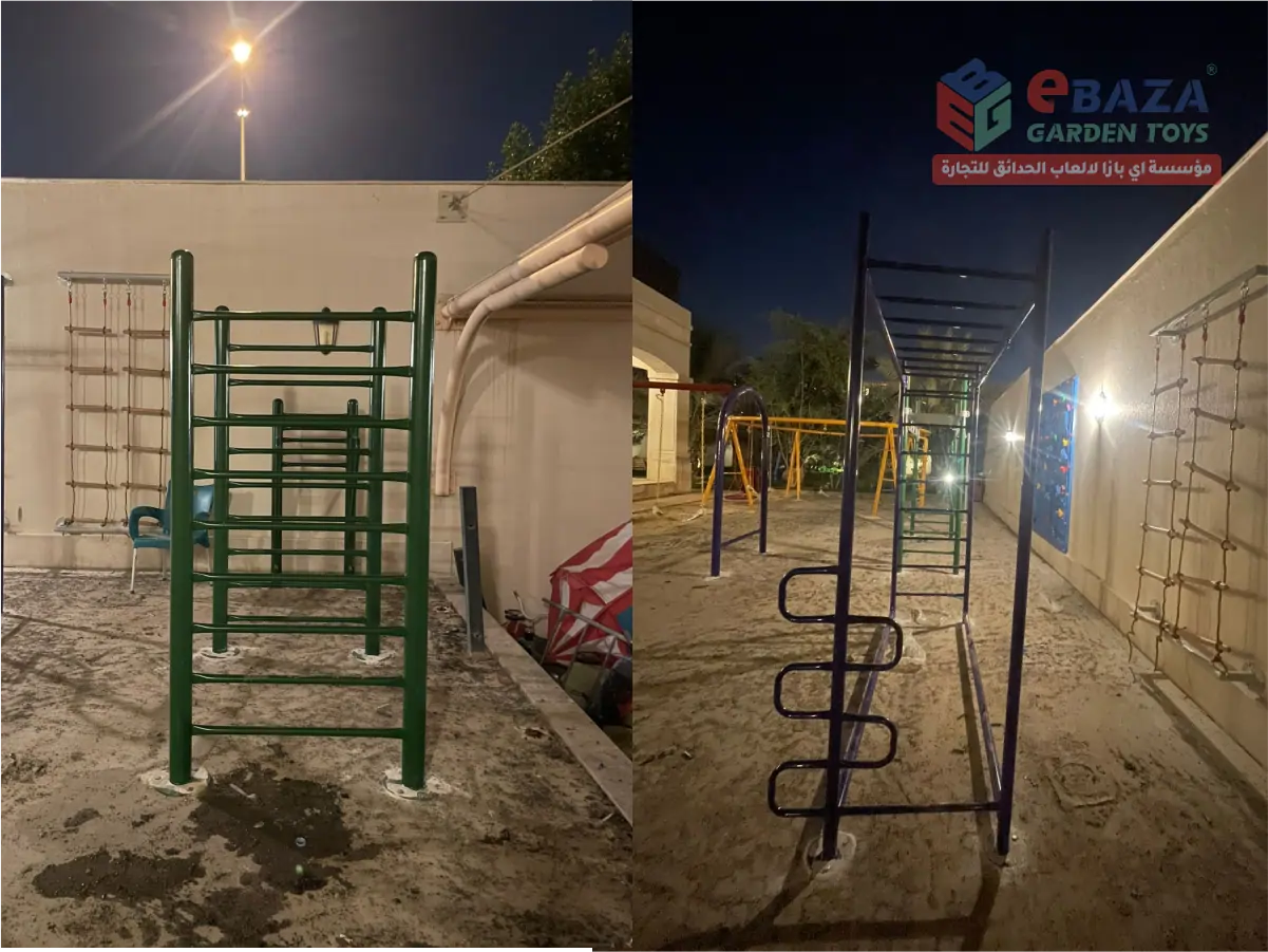 Outdoor climbing frame and monkey bars installed in Al Khobar with steel posts and concrete fixing