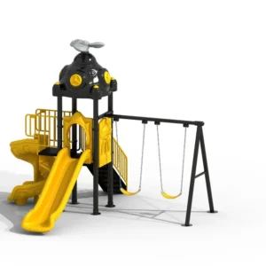 Black and yellow space theme playground equipment with swings, straight slide, spiral slide, and climbing tower for kids