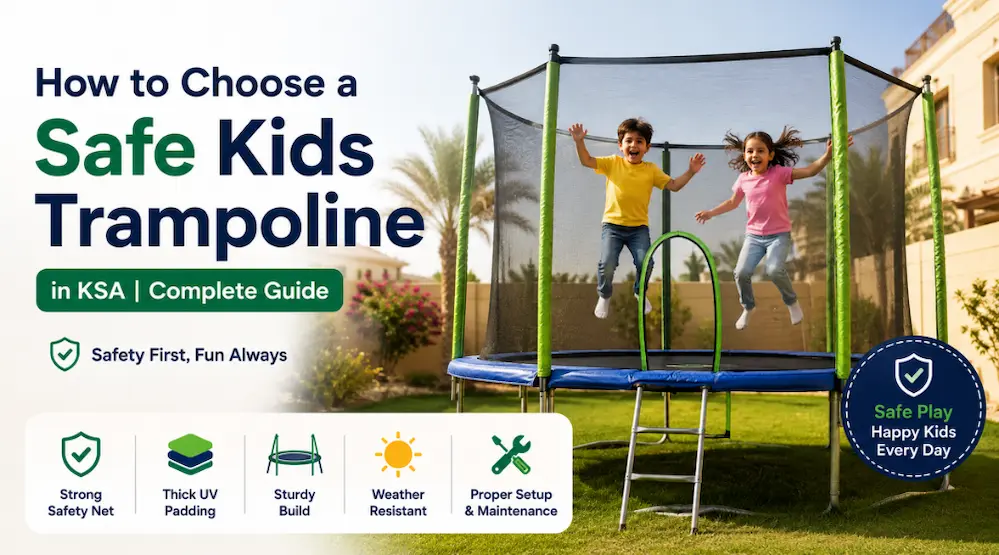 Kids jumping on a safe outdoor trampoline with safety net in a Saudi garden