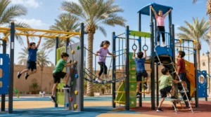 Children playing on outdoor climbing frames and monkey bars in a playground, showing strength, balance, coordination, and child development benefits.