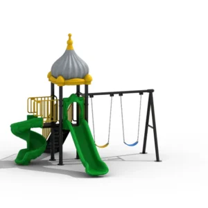 Grey dome roof outdoor playground equipment with swings, straight slide, spiral slide, and raised play tower
