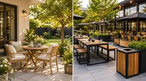 Side-by-side comparison of home outdoor furniture and commercial restaurant furniture with wooden benches, steel frames, patio tables, and wooden dustbins.