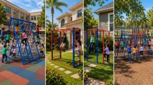 Monkey bars and climbing frames for schools, villas, homes, and public parks showing children using different playsets in each location.