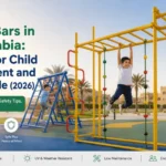 Children playing on outdoor monkey bars in Saudi Arabia with safety flooring, climbing frames, and playground equipment for child development.