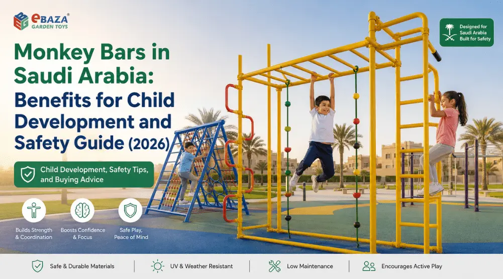 Children playing on outdoor monkey bars in Saudi Arabia with safety flooring, climbing frames, and playground equipment for child development.
