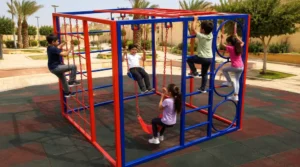 Children using a multi activity climbing frame with monkey bar, rope net, swings, ladders, circular climbing rings, and safety flooring.