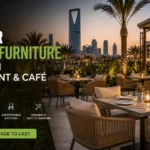 Outdoor garden furniture for Saudi restaurant and café projects with dining tables, wooden chairs, benches, shaded seating, and commercial café terrace furniture.
