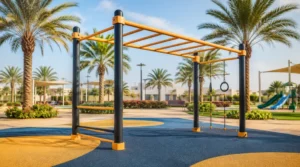 A modern outdoor monkey bar structure installed on safety rubber flooring in a Saudi-style park, designed for active play, climbing, grip strength, balance, and child development.
