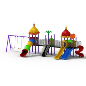 Outdoor Park Adventure Playset for kids with colorful slides, swings, bridge, climbing area, and activity zones.