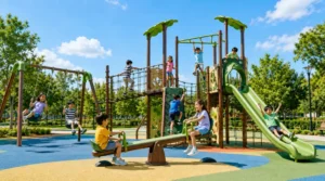 School children playing on outdoor play equipment with climbing nets, rope bridges, monkey bars, and slides in a park playground.