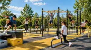 Teenagers using outdoor play equipment with monkey bars, climbing frames, balance stations, and fitness activity structures.