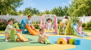 Toddlers playing on low-height outdoor play equipment with small slides, swings, and soft playground flooring in a safe garden play area.