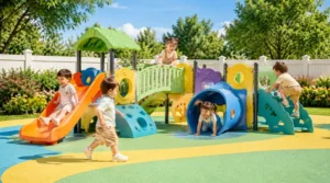 Preschool children playing on outdoor play systems with low slides, crawl tunnels, climbing panels, and soft safety flooring.