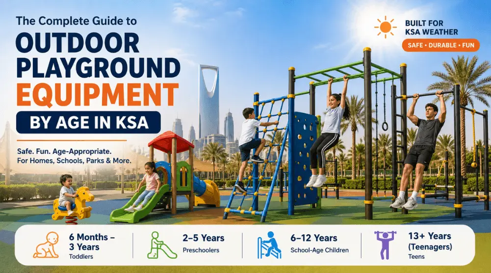 Outdoor playground equipment by age in KSA showing toddlers, preschool children, school-age kids, and teenagers using suitable playground equipment.