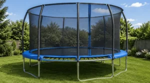 Outdoor trampoline with strong metal frame, full safety net enclosure, thick padding, high-quality springs, and UV-resistant materials in a garden setting.