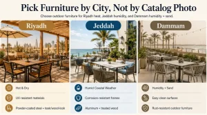 Infographic comparing outdoor restaurant furniture choices for Riyadh, Jeddah, and Dammam based on heat, humidity, and sand conditions.