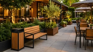 Outdoor restaurant and café furniture with wooden benches, wooden dustbins, steel frames, greenery, and patio seating.