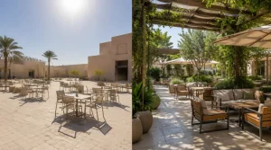 Split image showing a hot exposed outdoor seating area beside a shaded Saudi café patio with pergolas, umbrellas, greenery, and comfortable wooden furniture.