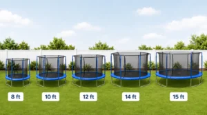 Outdoor trampoline size comparison with safety nets showing 8 ft, 10 ft, 12 ft, 14 ft, and 15 ft trampolines in one image.