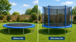Outdoor trampoline comparison showing one trampoline without net and one trampoline with full safety net enclosure in a garden setting.