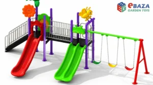 Outdoor playground swing set with three children’s swing seats, red and green slides, stairs and elevated play platforms.