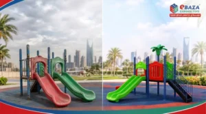 Used vs new playground equipment in Saudi Arabia showing a worn rusty play structure beside a clean newly installed playground.