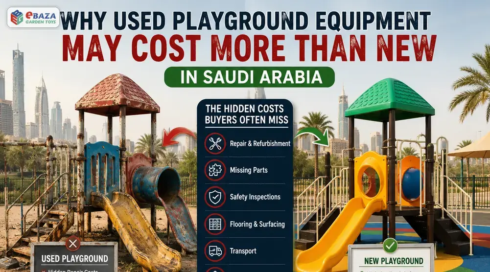 Used playground equipment can look cheaper at first, but hidden repair, flooring, transport, and installation costs may make new playground equipment a better long-term choice in Saudi Arabia.